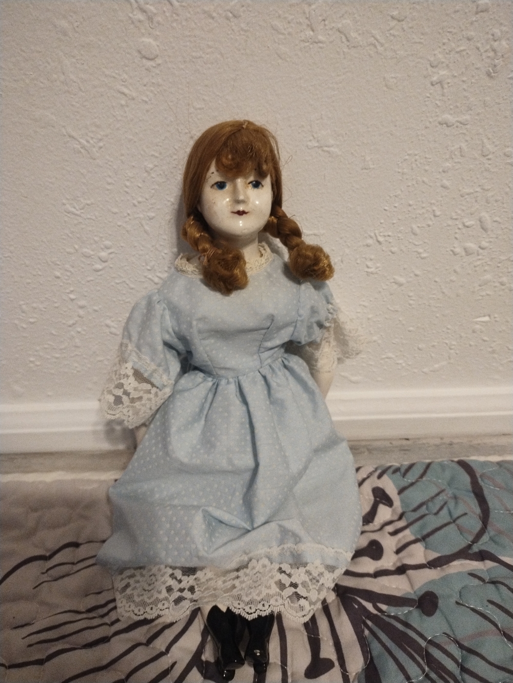 Dollhouse Blue and White Porcelain Doll with Brown Hair